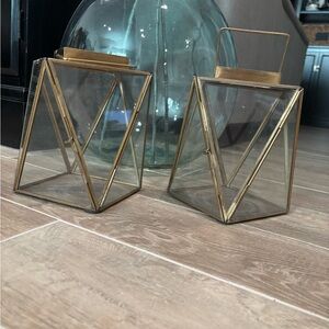 Pair of Anthropologie Geometric Geo Lanterns Gold Brass Metal Glass Terrarium